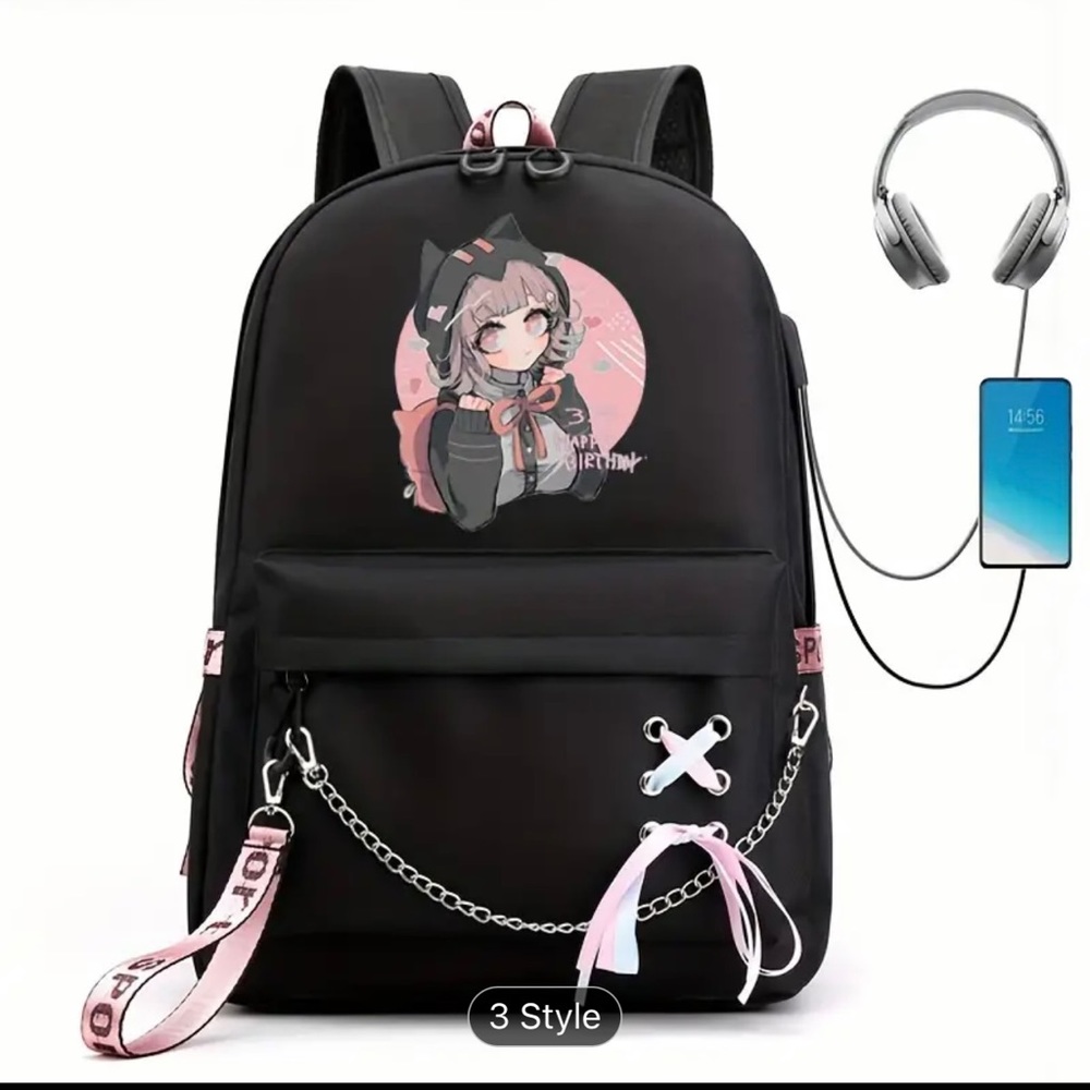 Anime full size backpack with usb charging and headphone attachment